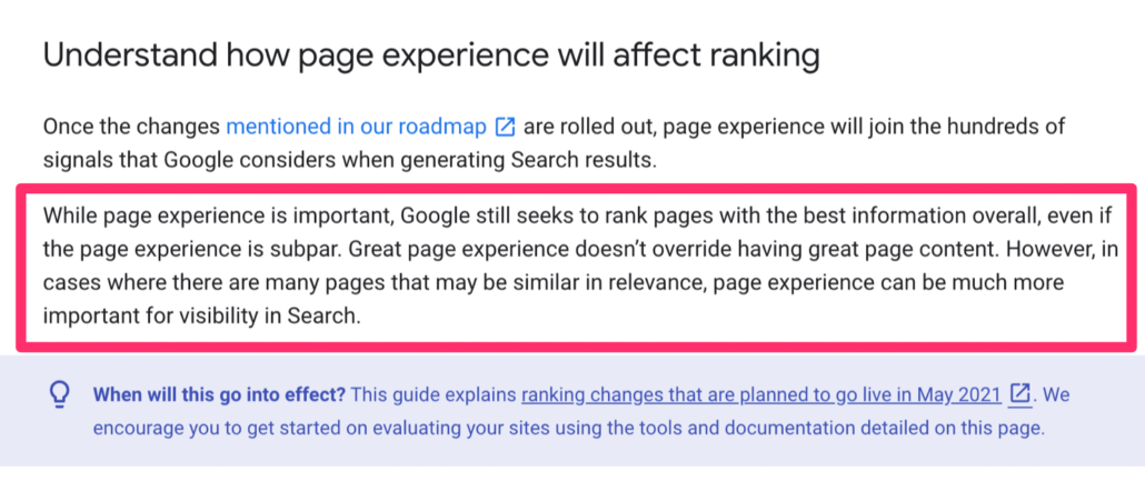 Excerpt from Google Comparing Page Experience to Content